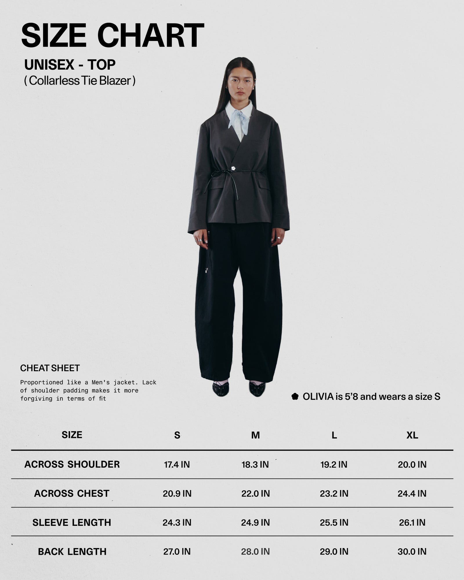 Model OLIVIA (5'8") wears a size S COLLARLESS TIE BLAZER by Sundae School, paired with wide black pants, standing before a blazer size chart showing measurements for sizes S to XL.