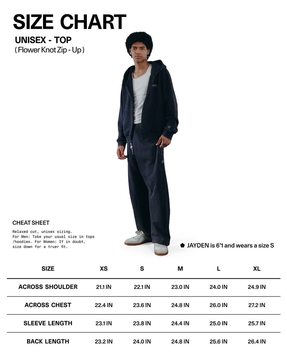 A person wearing the Sundae School NAVY WASH FLOWER KNOT ZIP UP and matching pants stands above a unisex top size chart, listing shoulder, chest, sleeve, and back measurements for sizes S to XXL. The model is 6'1" and wears size S. Inspired by Hangul Sundae School detailing and featuring subtle Maehwa knot accents, this look combines comfort with thoughtful design.