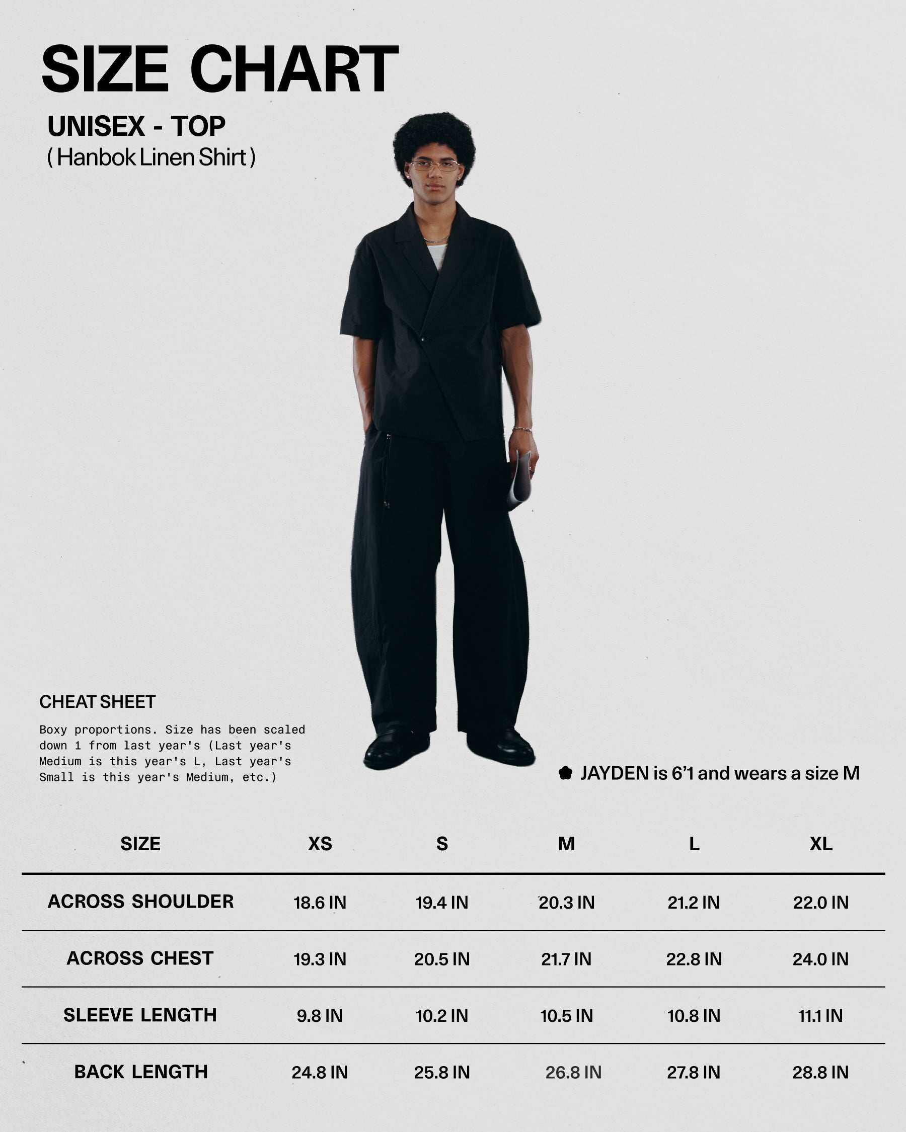 Size chart for a unisex Hanbok linen shirt with a person model wearing the shirt.