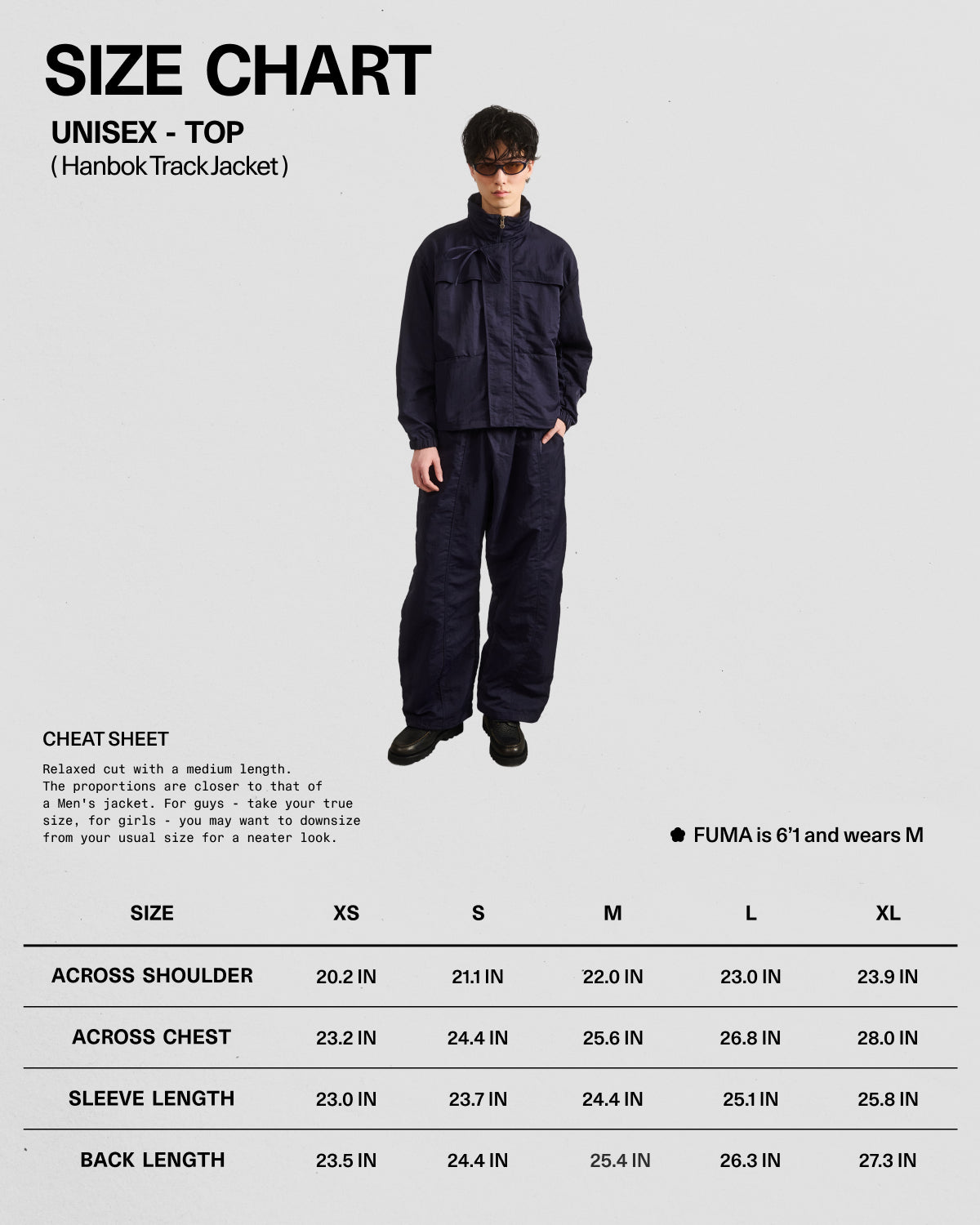 A person models the Sundae School NAVY HANBOK TRACK JACKET featuring a custom 떨 zipper pull, against a plain background. Below is a size chart (XS–L: shoulder, sleeve, back length). Model is 6'1
