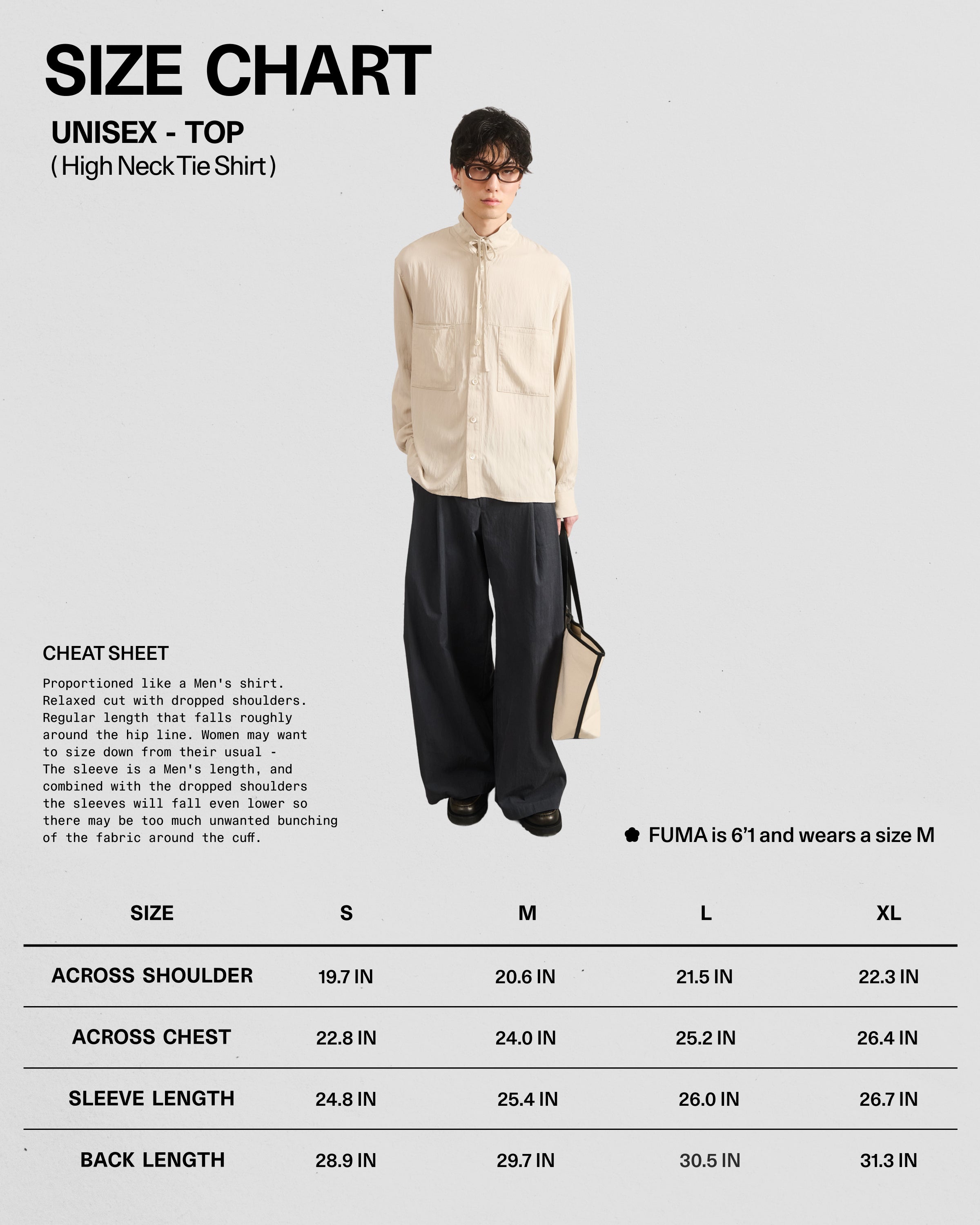 A person stands against a light background wearing Sundae School's IVORY HIGH NECK TIE SHIRT in a summer-weight fabric, paired with wide black pants and a beige tote bag. A size chart for the shirt (S–XL) is shown below.