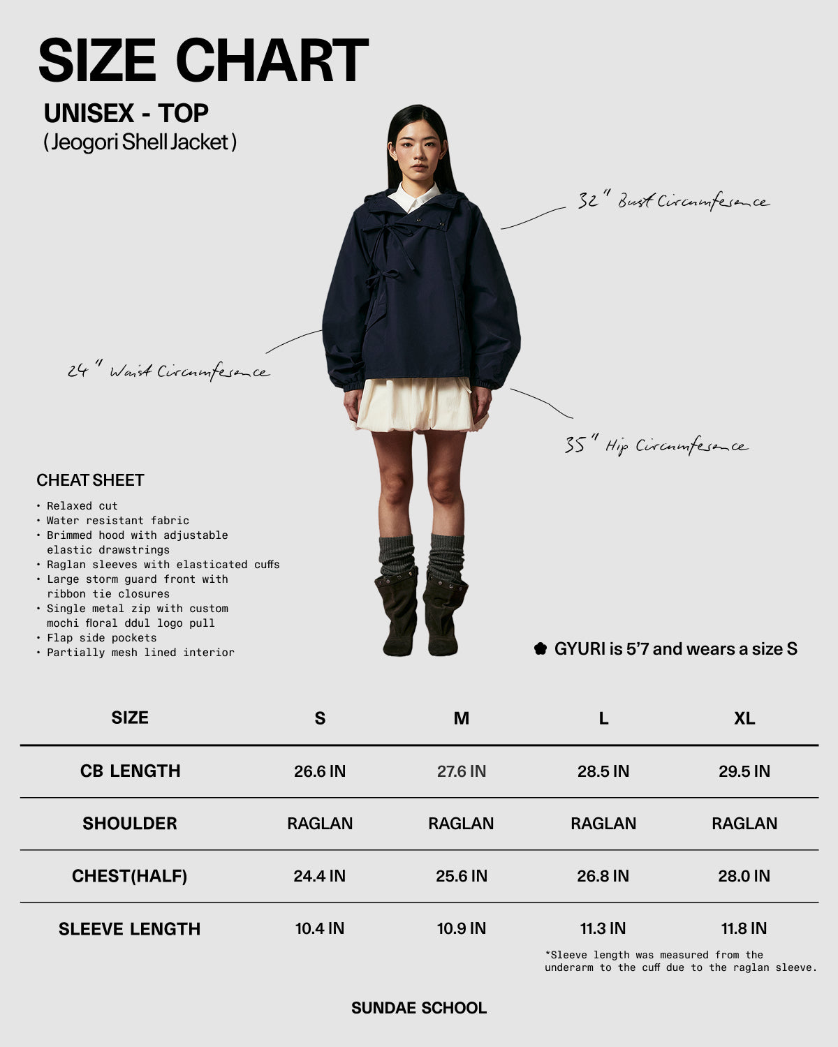 A size chart for the Sundae School NAVY JEOGORI TIE SHELL JACKET displays a model in the unisex technical outerwear with body measurements, S–XL sizing table, jacket features, model’s height, and boots.