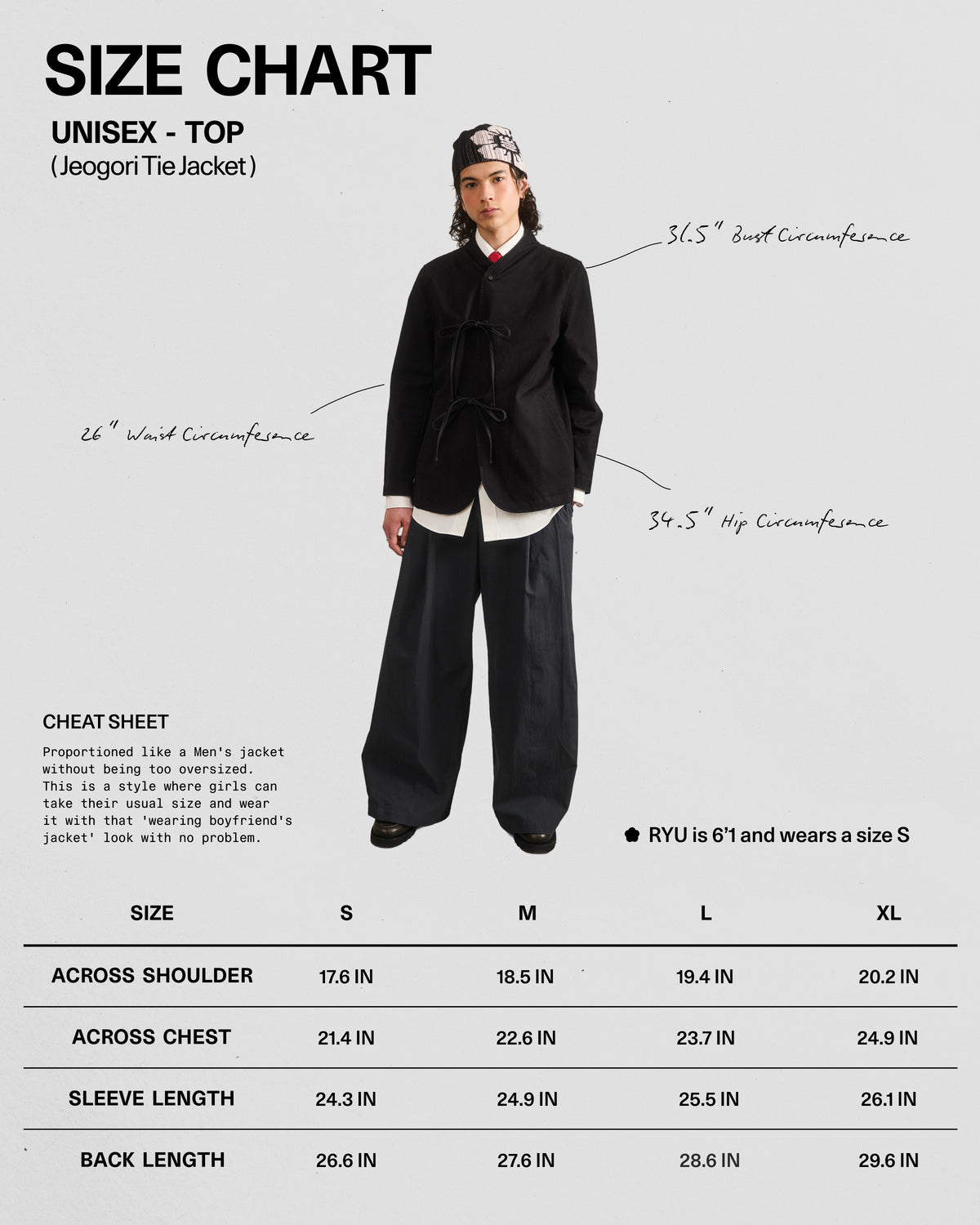 A model wears the BLACK JEOGORI TIE JACKET by Sundae School, featuring a double goreum tie, loose dark pants, and a patterned bandana, surrounded by measurement details like bust, waist, hip, shoulder, chest, and sleeve lengths.