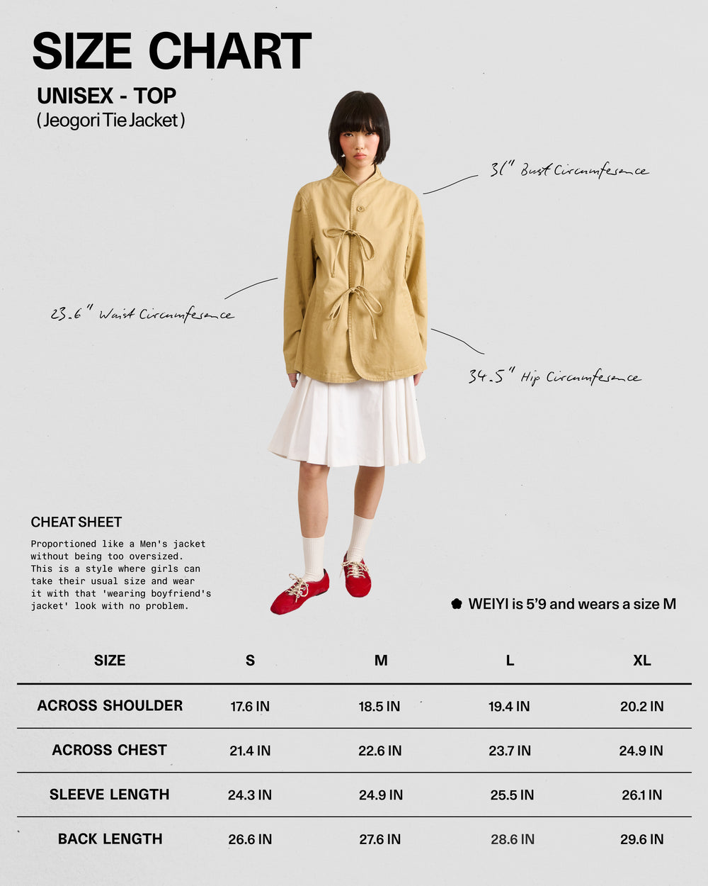 A model wears the TAN JEOGORI TIE JACKET by Sundae School, styled with a white skirt. Measurement labels for bust, waist, and hip surround her. Below, a size chart displays shoulder, chest, sleeve, and length for S-XL sizes.