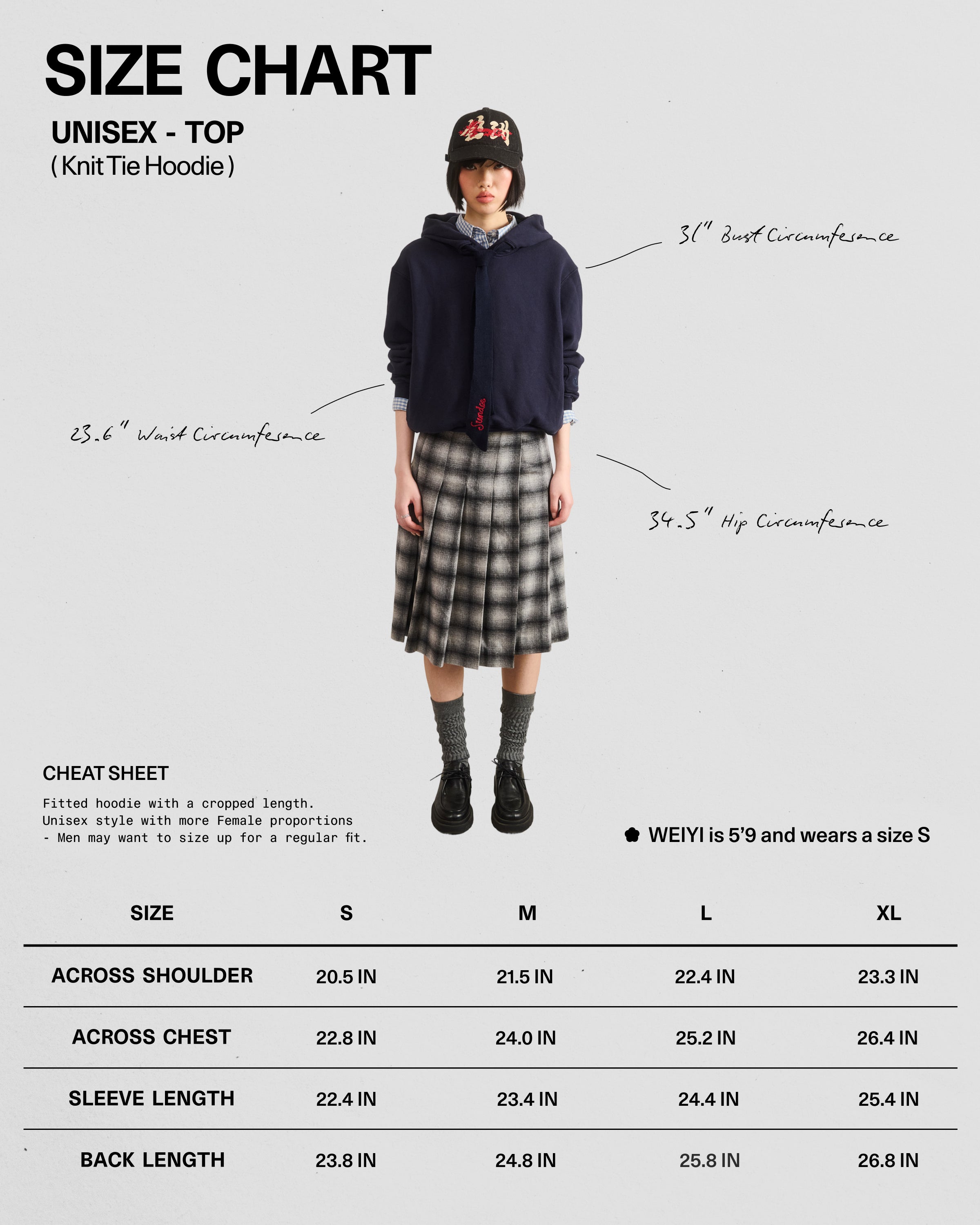 A person wears a Sundae School NAVY KNIT TIE HOODIE, plaid skirt, gray socks, and black shoes against a white background. The image includes a size chart and measurements for the unisex NAVY KNIT TIE HOODIE.