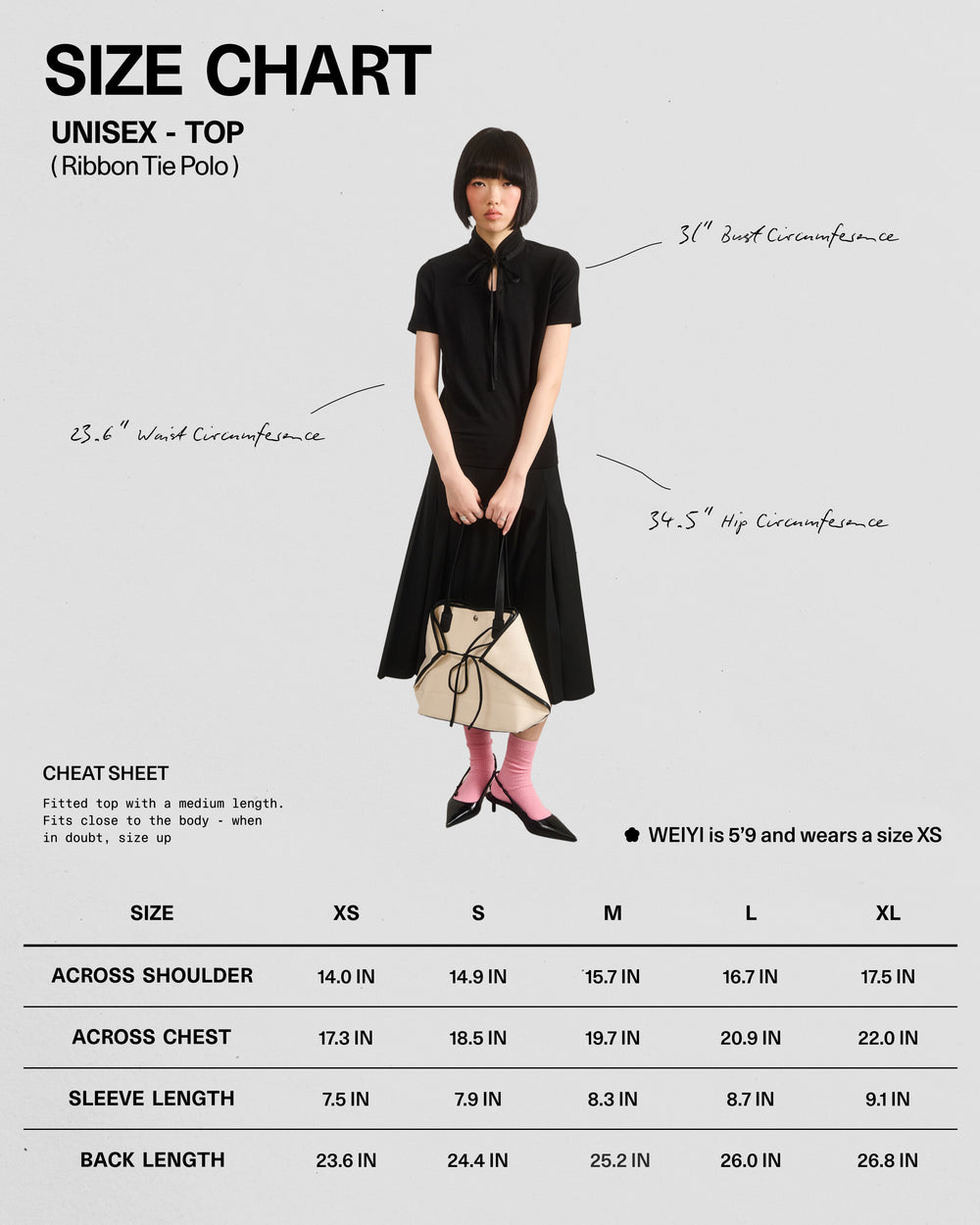 A model wears Sundae School’s BLACK RIBBON TIE POLO with a Manchurian teardrop collar and black skirt, holding a beige bag. Screen shows her body measurements, XS–XL size chart, and fitting cheat sheet for easy reference.