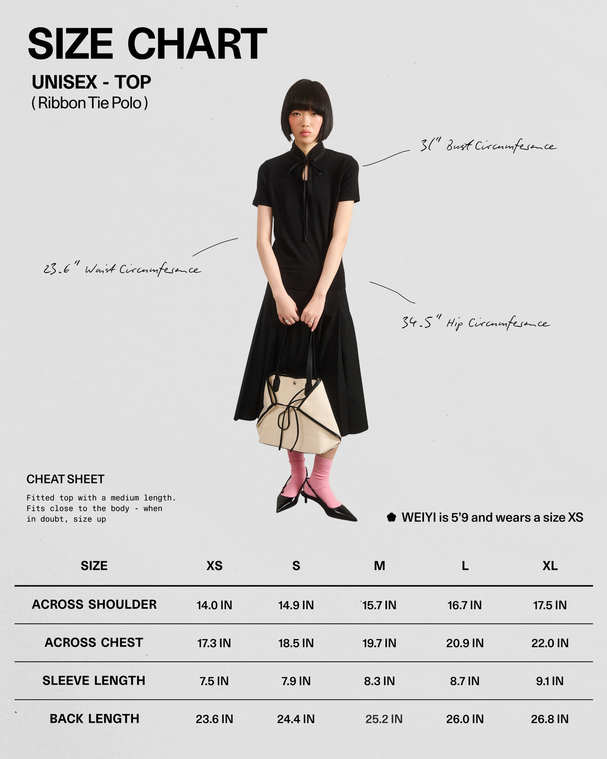 A model wears Sundae School’s BLACK RIBBON TIE POLO with a Manchurian teardrop collar and black skirt, holding a beige bag. Screen shows her body measurements, XS–XL size chart, and fitting cheat sheet for easy reference.