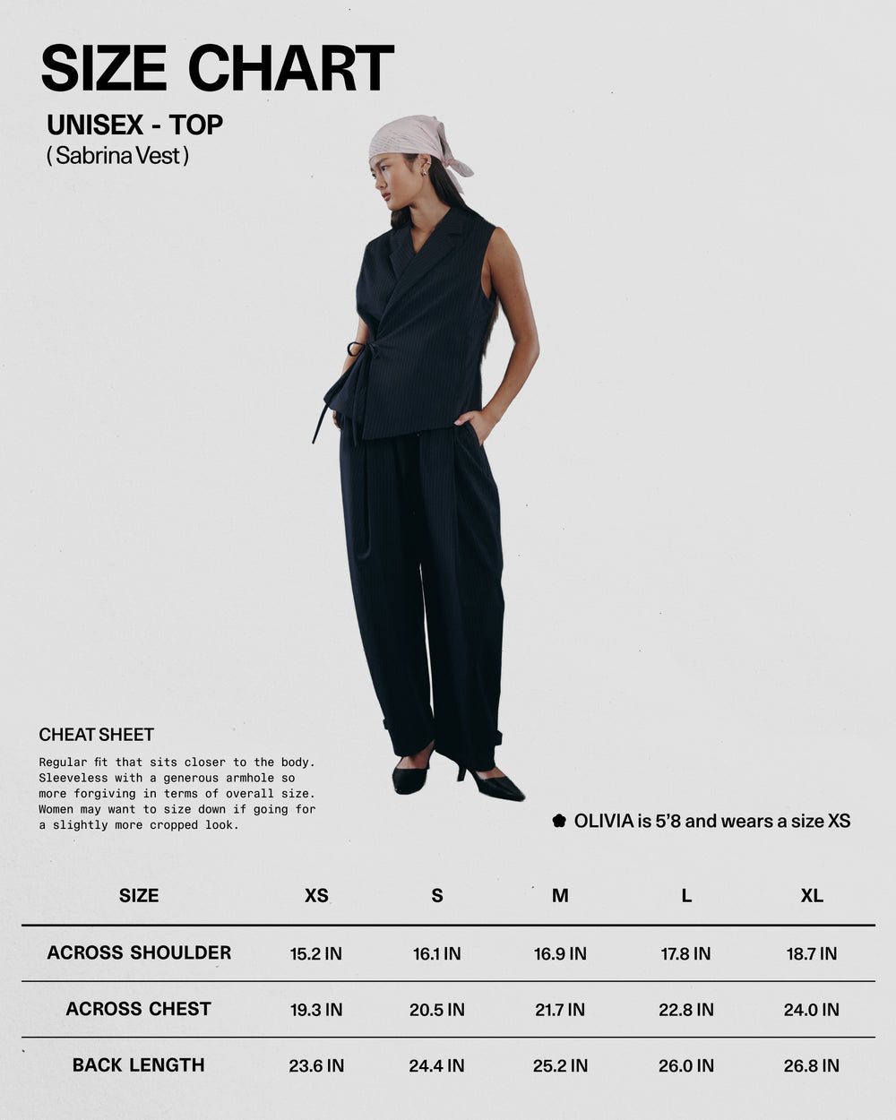 A person wearing the Sundae School SABRINA VEST stands against a white background. The size chart for this unisex top (XS-XL) is shown, and the model is 5'8" wearing XS. Loose pants complete the look.
