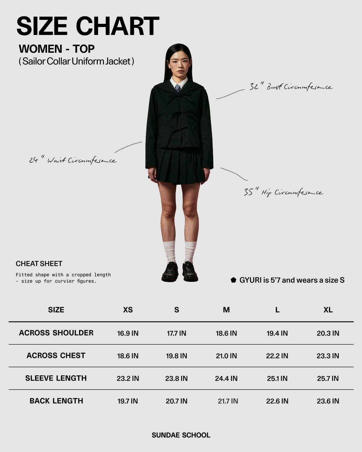 A woman faces forward in the Sundae School NAVY SAILOR COLLAR UNIFORM JACKET with mochi quilted stitching and a matching skirt. Bust, waist, and hip measurements are shown, with a size chart listing XS to XL sizing details below.