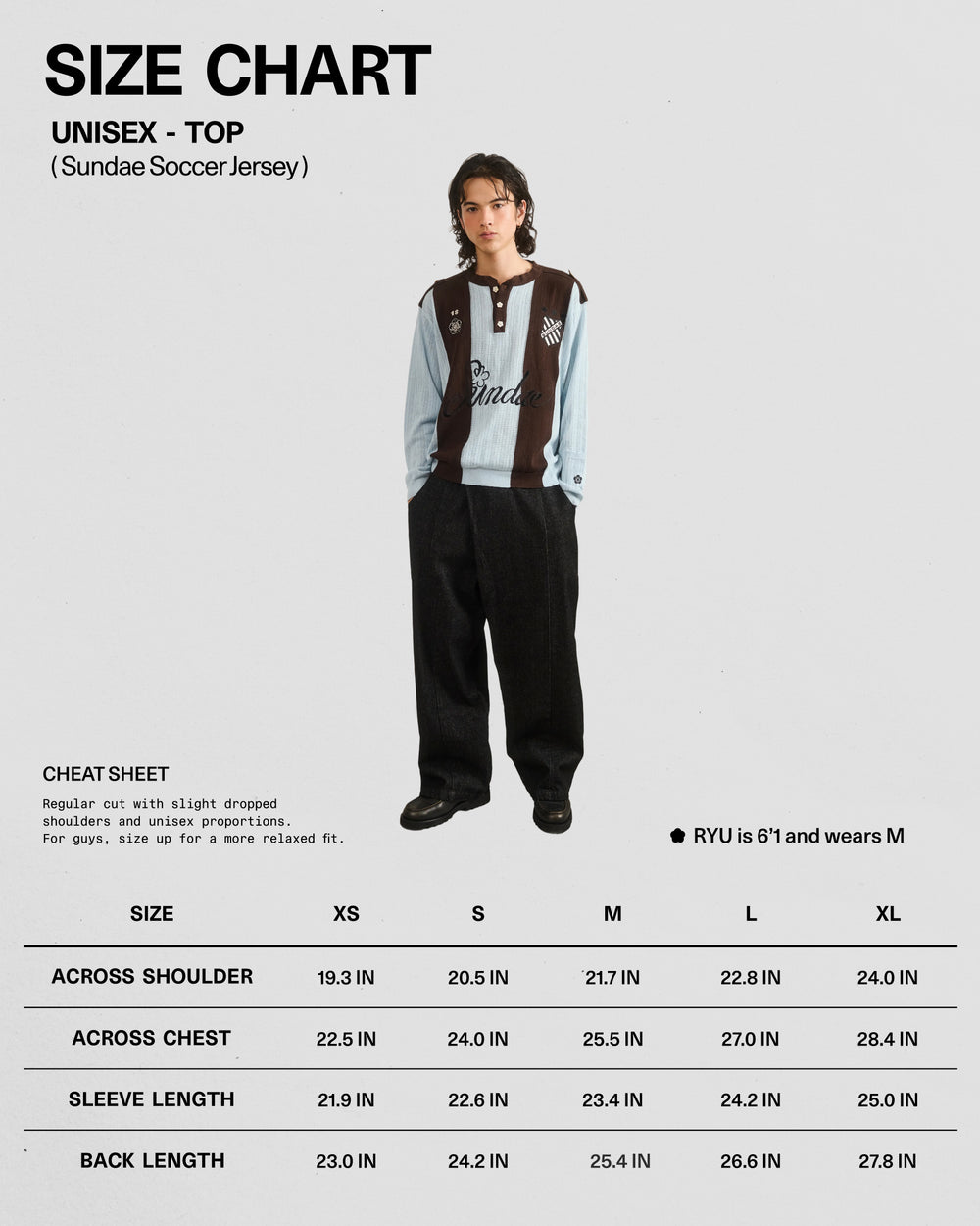 A person wearing the Sundae School SKY BLUE SUNDAE SOCCER JERSEY with embroidered chest patches and black pants stands next to a unisex tops size chart featuring measurements for sizes XS to XL. The model is 6′1″ and wears a size M.