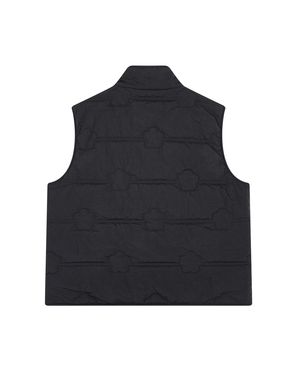 The BLACK MOMO REVERSIBLE FLEECE VEST by Sundae School is shown from the back, highlighting its black, sleeveless design with a subtle geometric pattern of stitched circular and line shapes across the fabric.