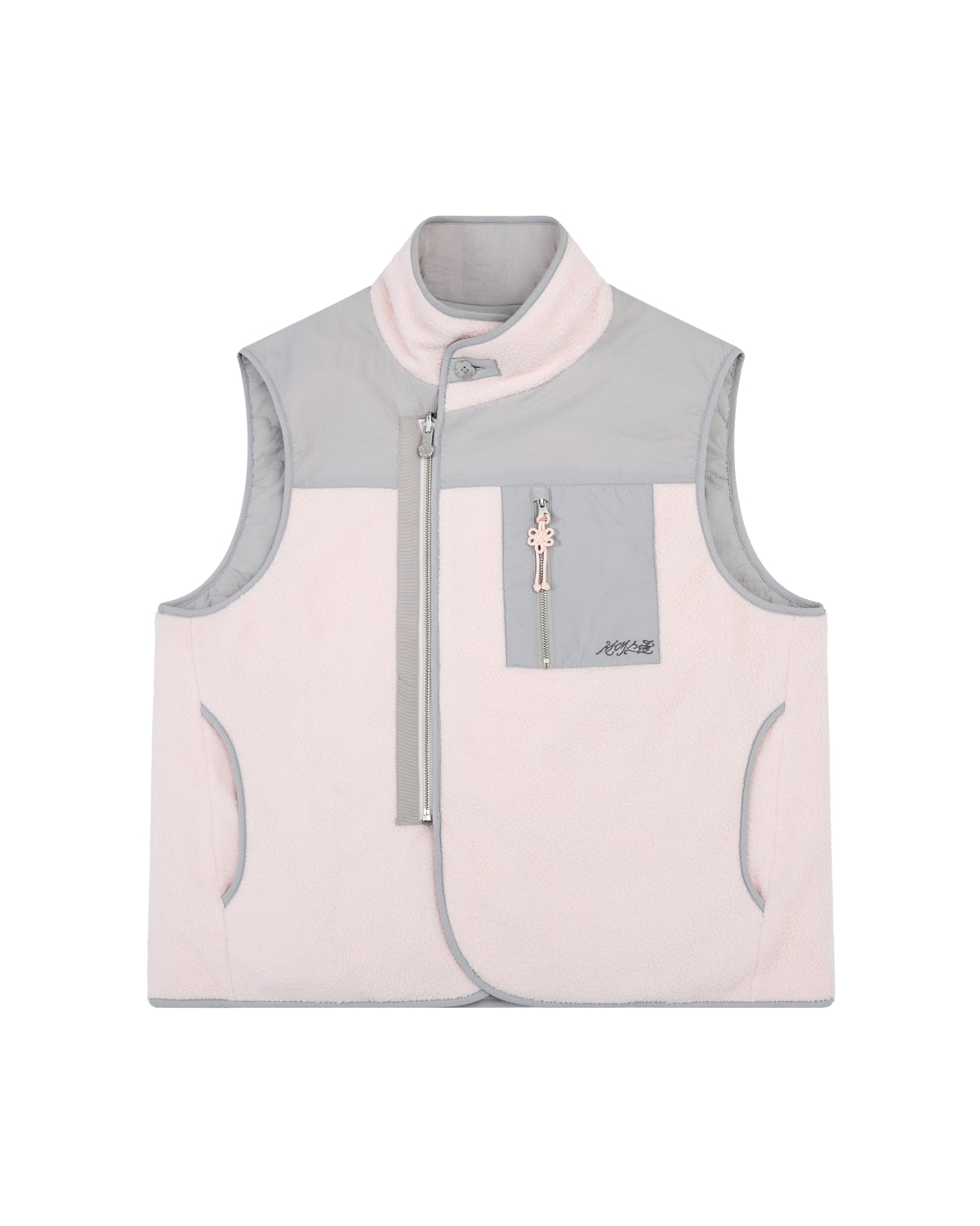 The BABY PINK MOMO REVERSIBLE FLEECE VEST by Sundae School features a light pink and gray colorway, high collar, sleeveless design, asymmetrical zip closure, zippered chest pocket, two side pockets, and subtle stitching details.