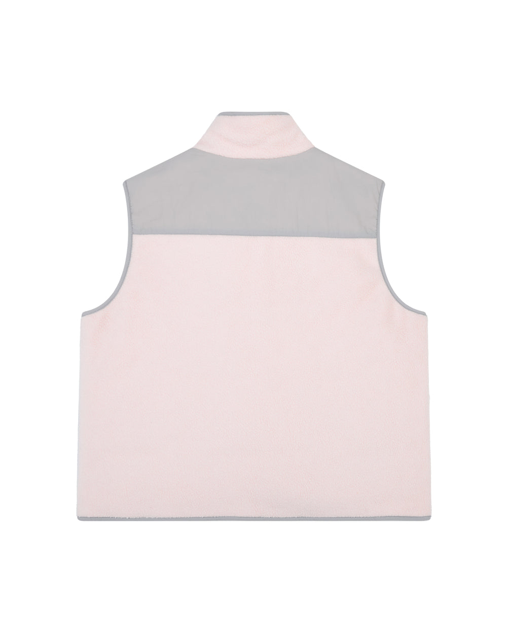 The BABY PINK MOMO REVERSIBLE FLEECE VEST by Sundae School is displayed from the back, featuring a sleeveless design with a light pink body and a light gray shoulder panel, set against a white background.