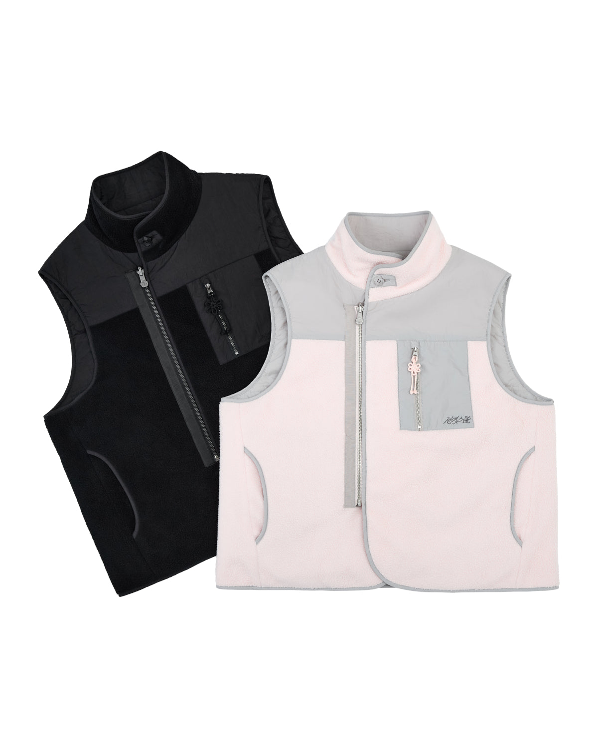 Two sleeveless fleece vests from Sundae School are shown: one is the BLACK MOMO REVERSIBLE FLEECE VEST in black with a zippered chest pocket, and the other is light pink and gray with a front zipper, zip chest pocket, and a patch near the hem.