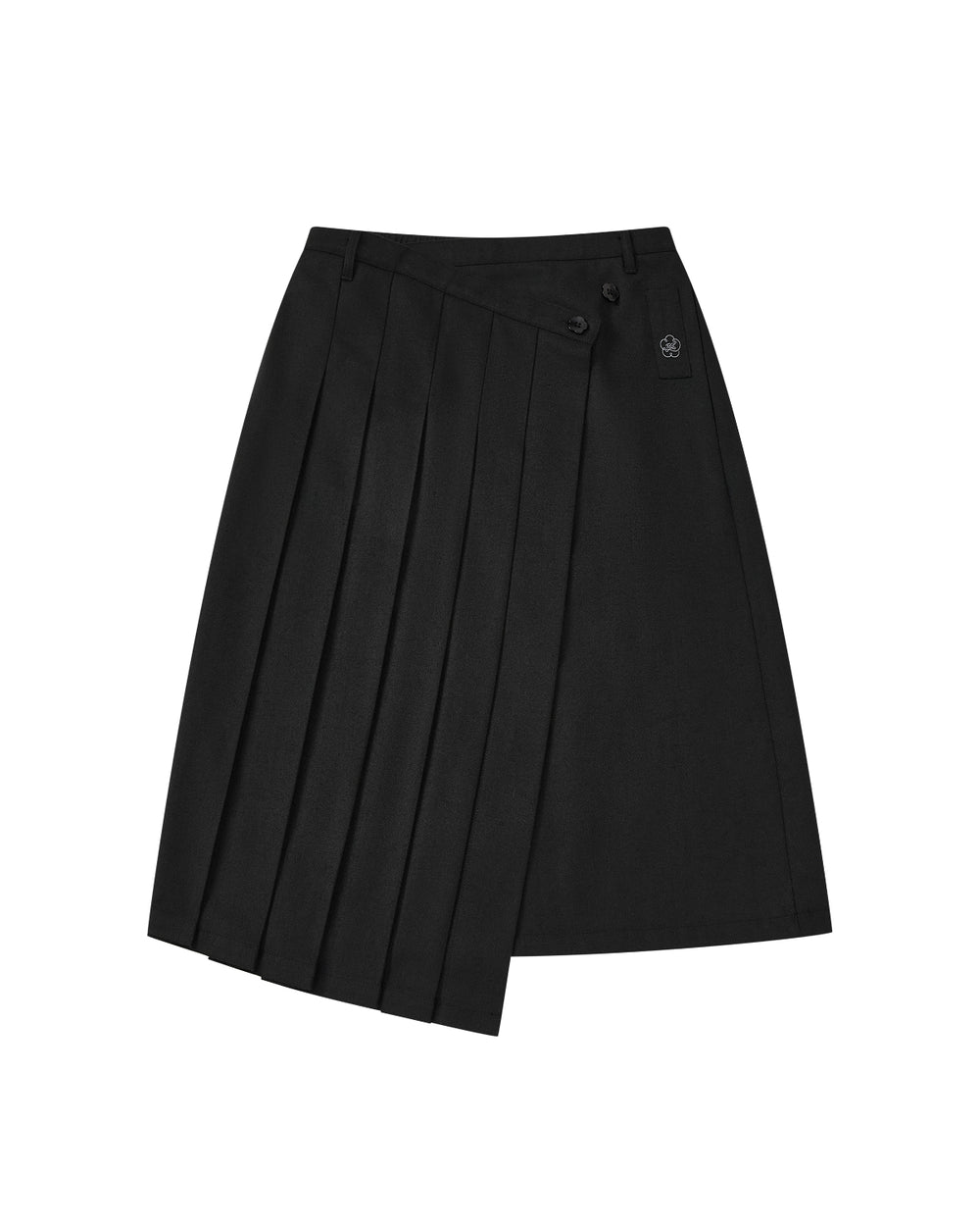 Sundae School BLACK MOON WRAP MIDI SKIRT featuring an asymmetric pleated side panel, two buttons at the waist, and a small flower-shaped emblem near the waistband.