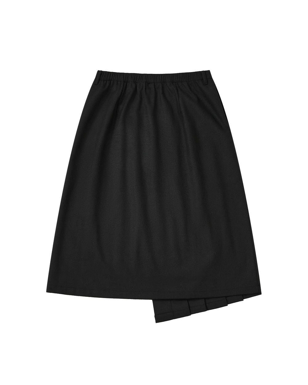 BLACK MOON WRAP MIDI SKIRT in black with an elastic waistband and an asymmetric pleated hem in an A-line silhouette.