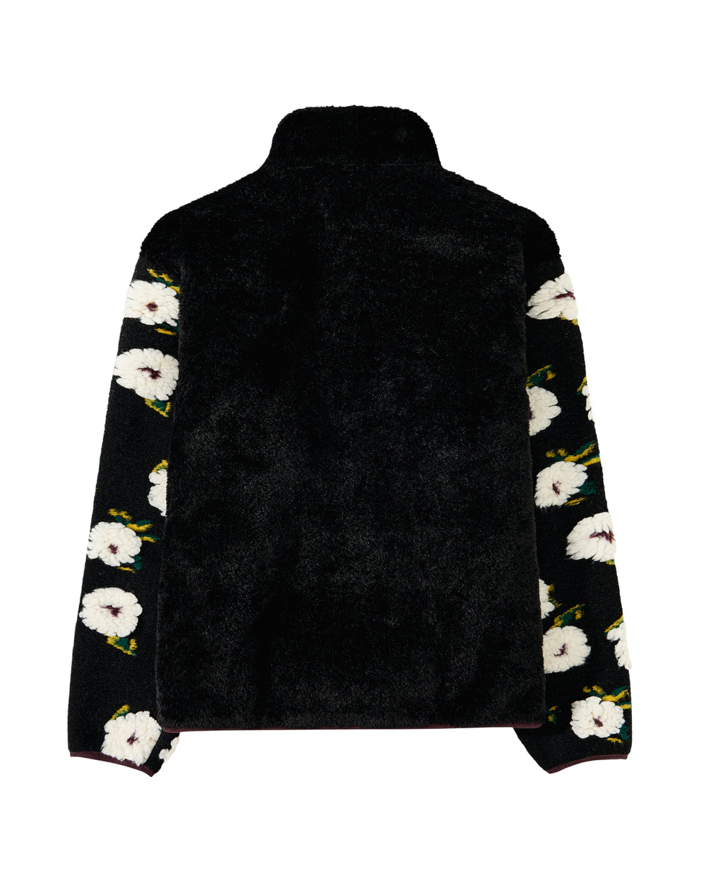 The MUGUNGHWA FLEECE by Sundae School is a black sherpa fleece jacket featuring a high collar. The sleeves showcase large white floral patterns inspired by the Korean national flower, accented with green details, while the back remains solid black. The image displays the jacket from the rear.