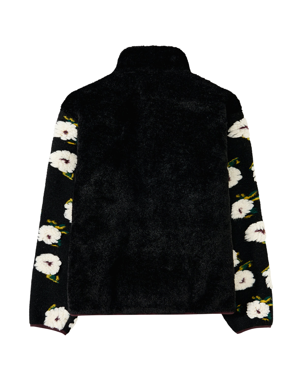 The MUGUNGHWA FLEECE by Sundae School is a black sherpa fleece jacket featuring a high collar. The sleeves showcase large white floral patterns inspired by the Korean national flower, accented with green details, while the back remains solid black. The image displays the jacket from the rear.