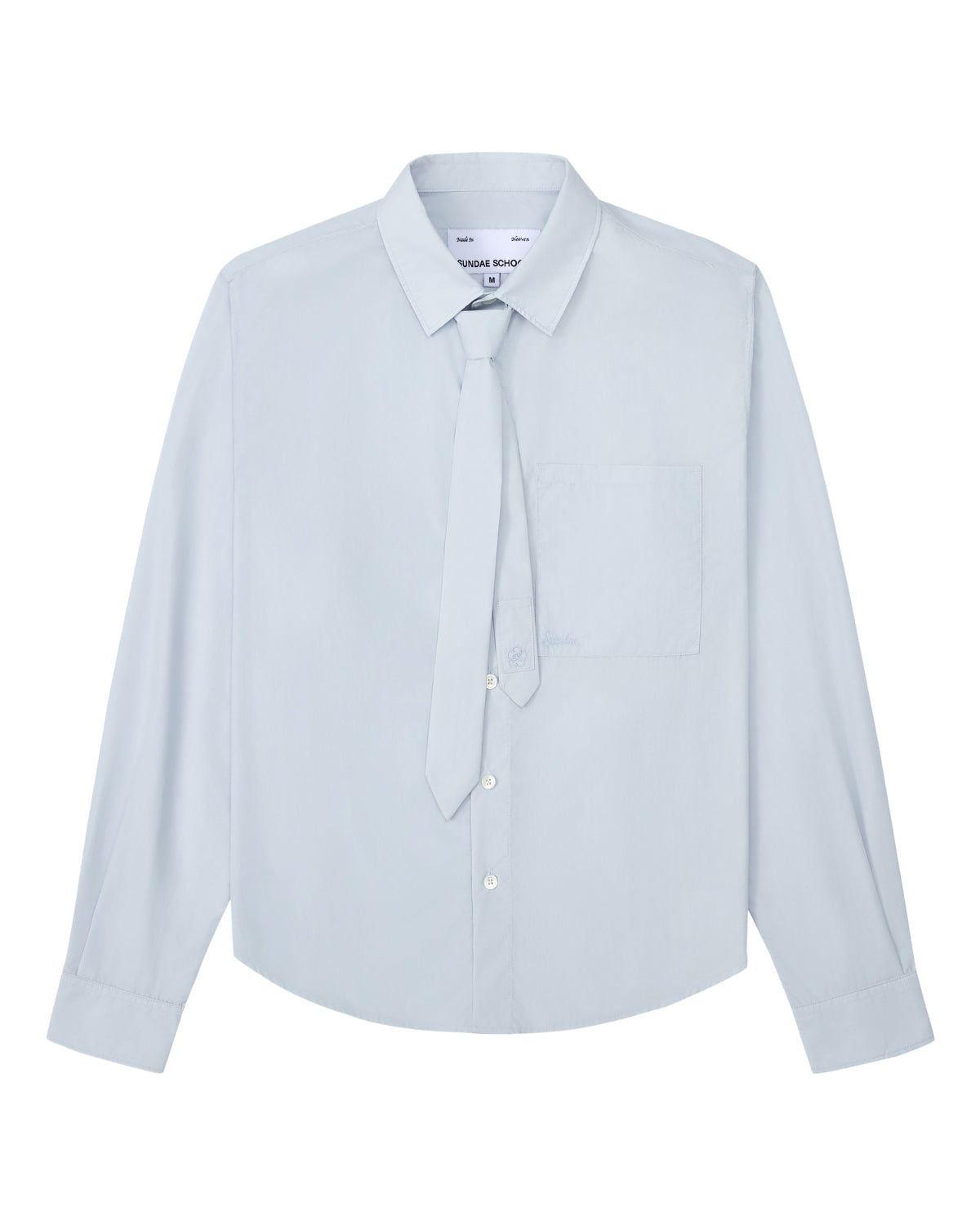 The NECKTIE SHIRT by Sundae School is a light blue long-sleeve poplin shirt featuring a pointed collar, removable matching loose necktie, relaxed fit, and a front left stash pocket. Displayed on a white background.
