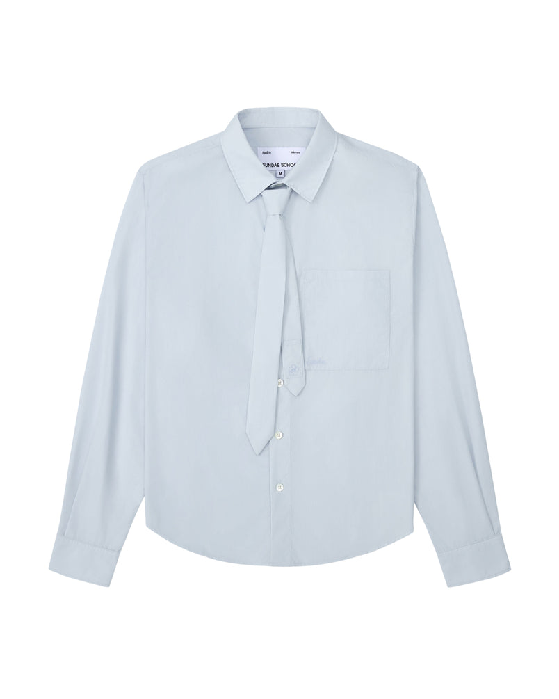 A light blue long-sleeve button-up shirt with a matching tie-neck detail, displayed on a clean white background.