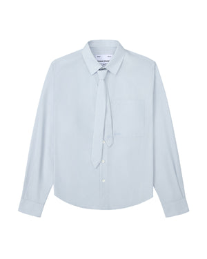 A light blue long-sleeve button-up shirt with a matching tie-neck detail, displayed on a clean white background.