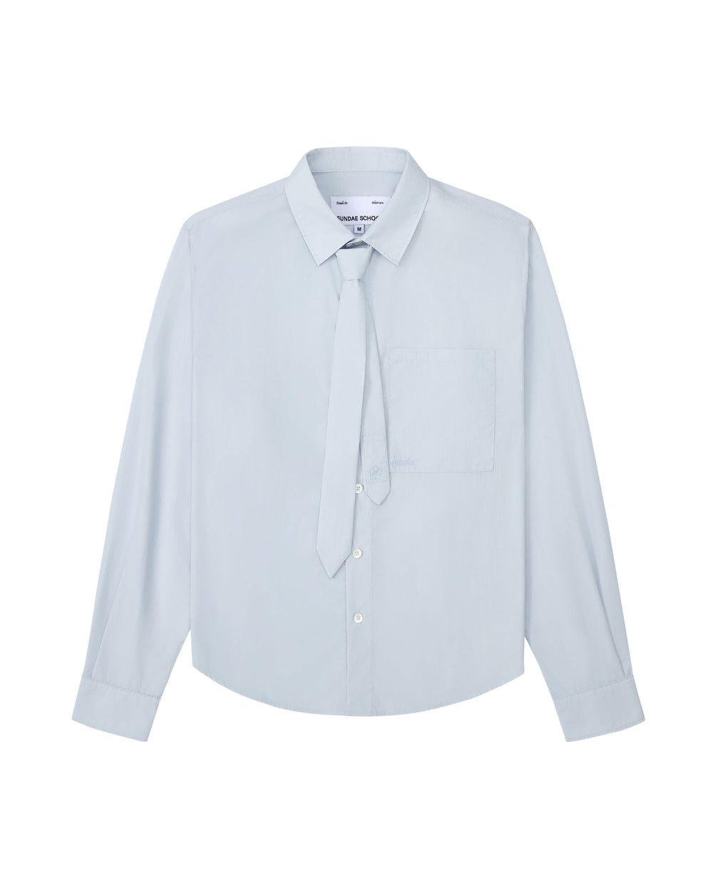 A light blue long-sleeve button-up shirt with a matching tie-neck detail, displayed on a clean white background.