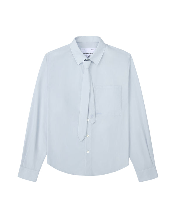 A light blue long-sleeve button-up shirt with a matching tie-neck detail, displayed on a clean white background.