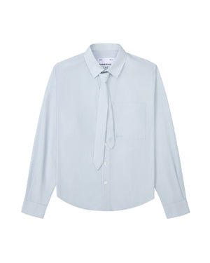 A light blue long-sleeve button-up shirt with a matching tie-neck detail, displayed on a clean white background.