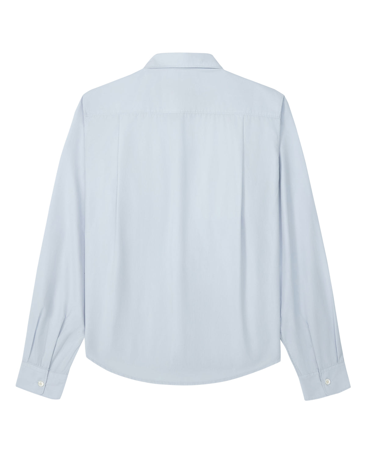 A relaxed fit NECKTIE SHIRT by Sundae School is shown from the back in light blue poplin. This long-sleeve button-down features a collar, buttoned cuffs, and a curved hem, with a plain design and no visible patterns or embellishments.