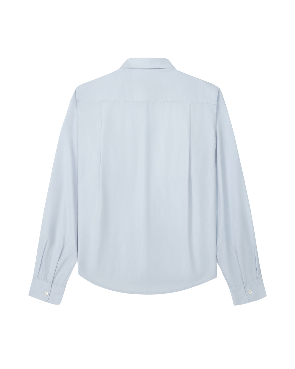 A light blue long-sleeve button-up shirt shown from the back, featuring a classic collar, a vertical center pleat, and buttoned cuffs, displayed on a clean white background.
