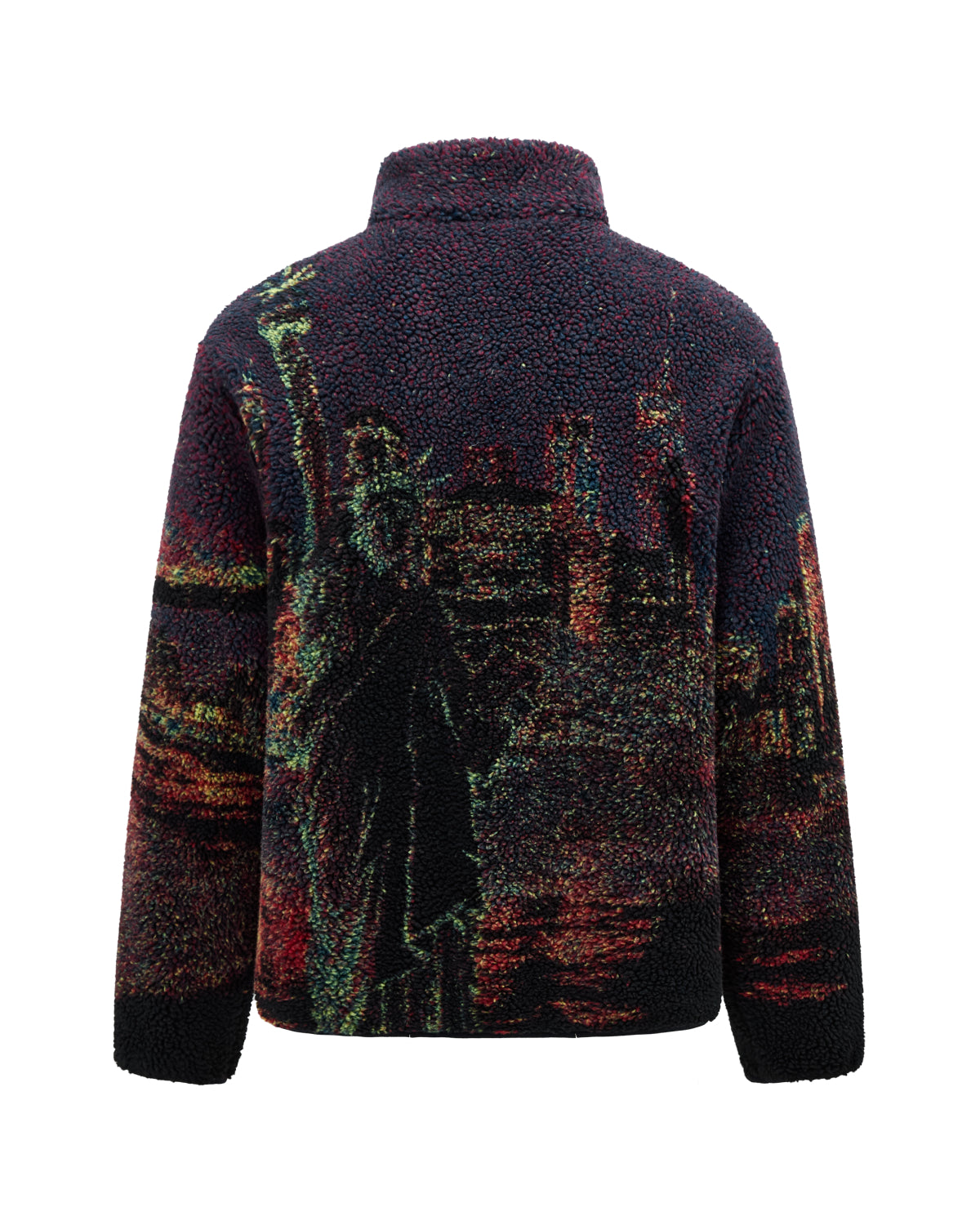 The New Toker Fleece by Sundae School is a sherpa fleece jacket showcasing a night cityscape, with the Statue of Liberty in the foreground and glowing skyscrapers behind, crafted from NYC cityscape jacquard fabric.