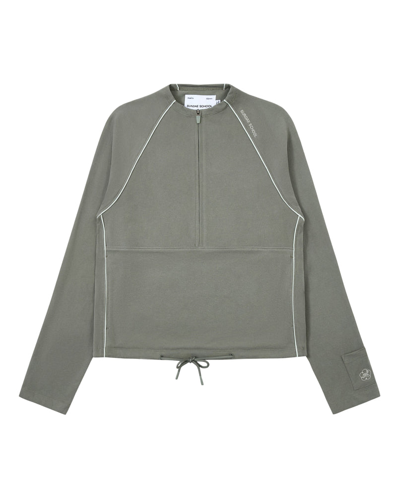 Introducing the KHAKI OFFICE QUARTER ZIP by Sundae School: a soft cotton jersey pullover in gray, featuring long sleeves, a quarter-zip front, white piping accents, drawstring hem, subtle embroidery on the left sleeve, and a discreet stash pocket for added convenience.