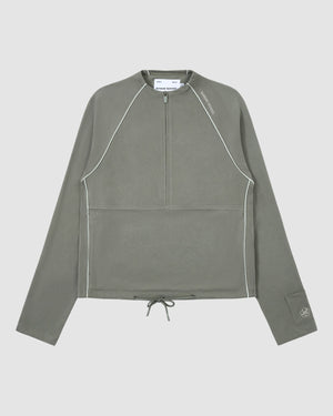 The Sundae School Khaki Office Quarter Zip is a cotton jersey pullover in olive green with white piping, ribbed texture, quarter-zip front, drawstring hem, left sleeve logo, stash pocket, and modern minimalist design.