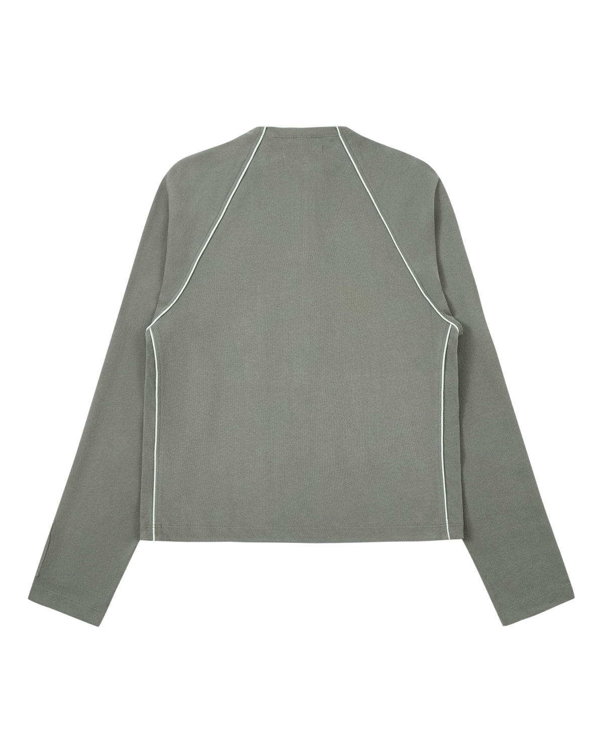 A long-sleeve gray KHAKI OFFICE QUARTER ZIP by Sundae School is displayed flat, featuring white piping along the seams and a crew neckline. Made from soft cotton jersey, this shirt offers a simple, modern design with no visible buttons or patterns.