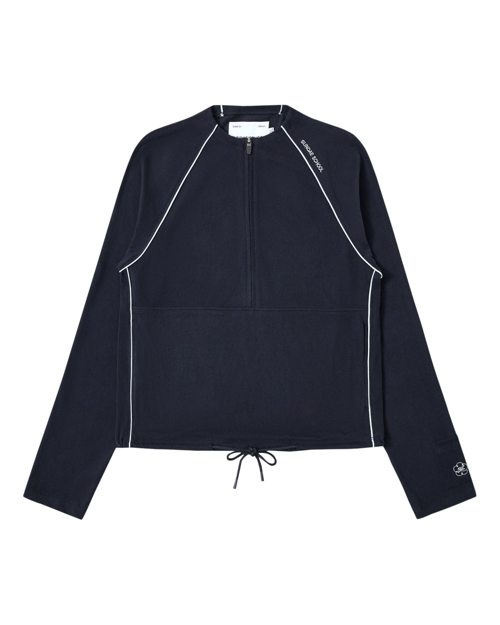 Introducing the NAVY OFFICE QUARTER ZIP by Sundae School—a navy blue long-sleeve pullover made from soft cotton jersey, highlighted by white piping accents, a convenient quarter-zip collar, adjustable drawstring hem, and a handy stash pocket. Subtle Sundae School logo details adorn the chest and sleeve for an understated yet refined finish.