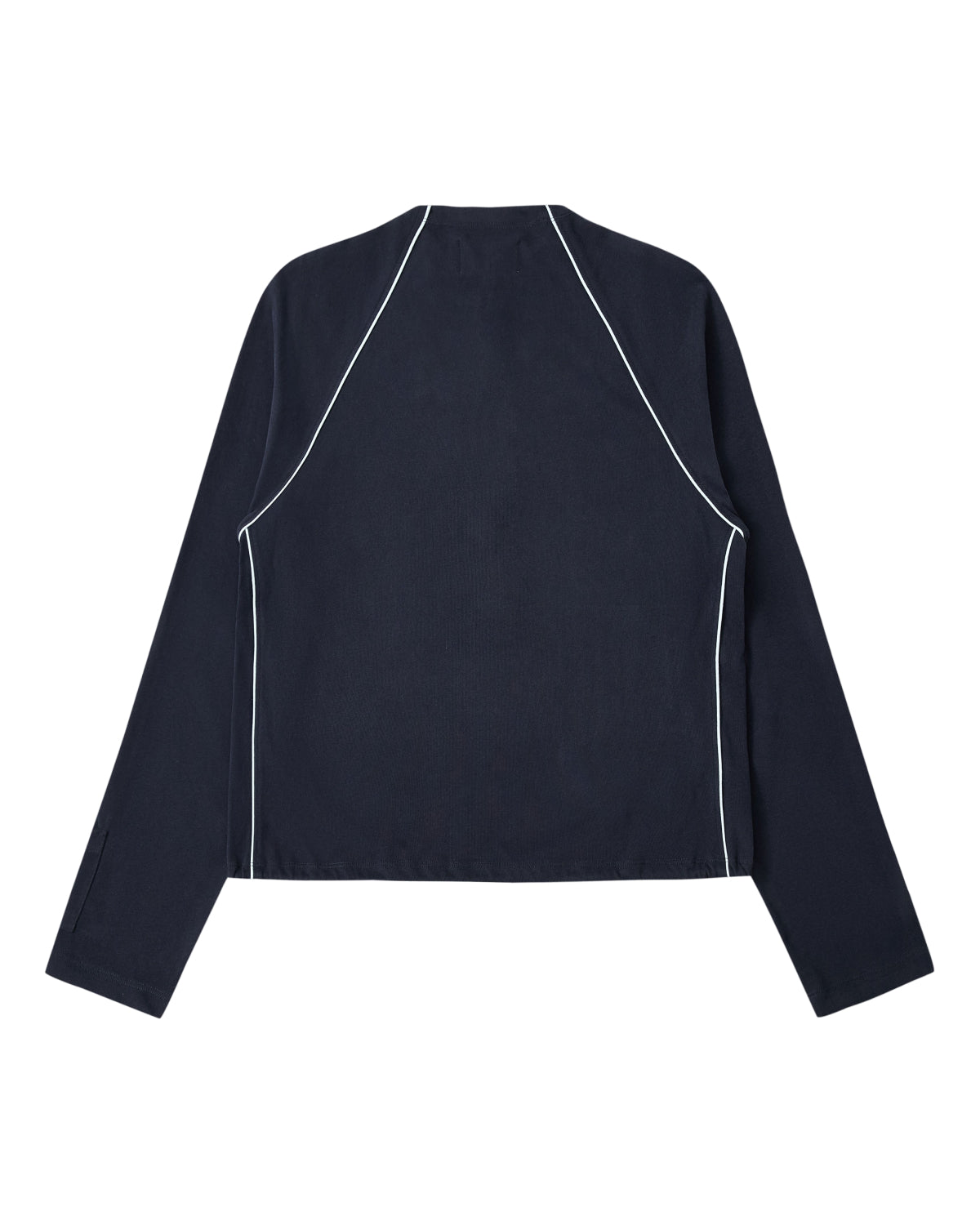 A back view of the NAVY OFFICE QUARTER ZIP by Sundae School is shown, featuring white piping along the raglan sleeves and sides. Made from soft cotton jersey, this minimal long-sleeve shirt has a clean design with no visible logos or patterns.