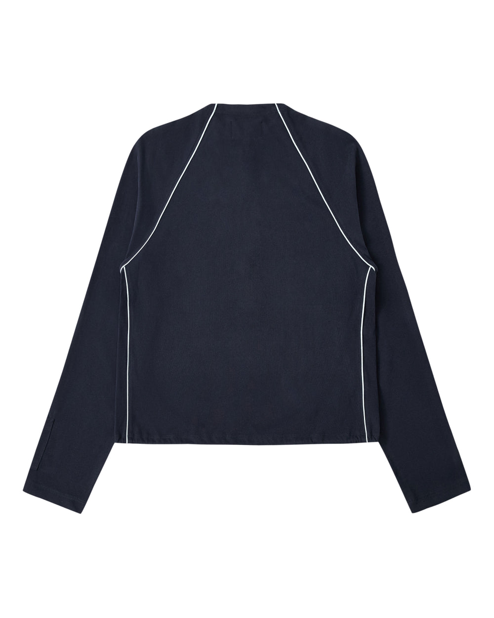 A back view of the NAVY OFFICE QUARTER ZIP by Sundae School is shown, featuring white piping along the raglan sleeves and sides. Made from soft cotton jersey, this minimal long-sleeve shirt has a clean design with no visible logos or patterns.