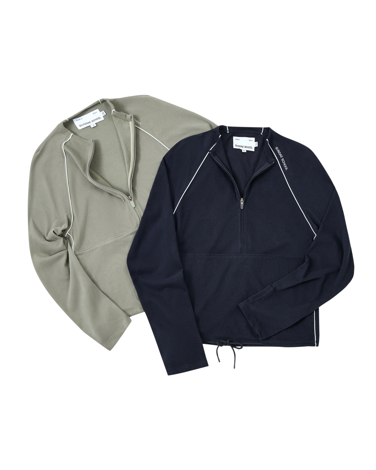 Two Sundae School KHAKI OFFICE QUARTER ZIP pullovers, one in olive green and one in black, are laid flat on a white background. Made from soft cotton jersey, both feature white stitching, a drawstring at the hem, and a convenient stash pocket for added functionality.