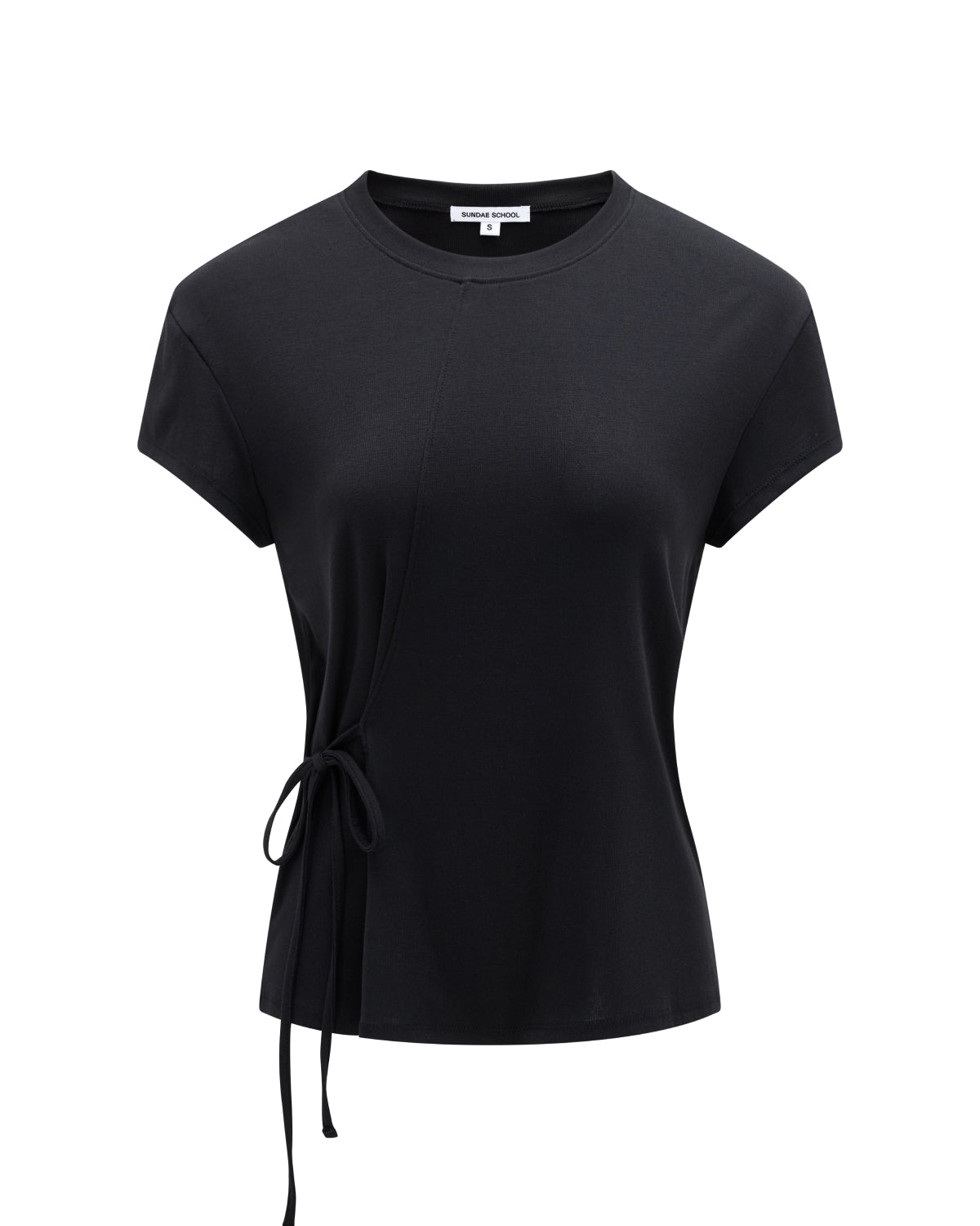 The BLACK ORIGAMI GORUM TEE by Sundae School is a women’s black short-sleeve t-shirt with a round neckline, an asymmetrical seam, and a side tie detail on the left waist, shown against a plain white background.