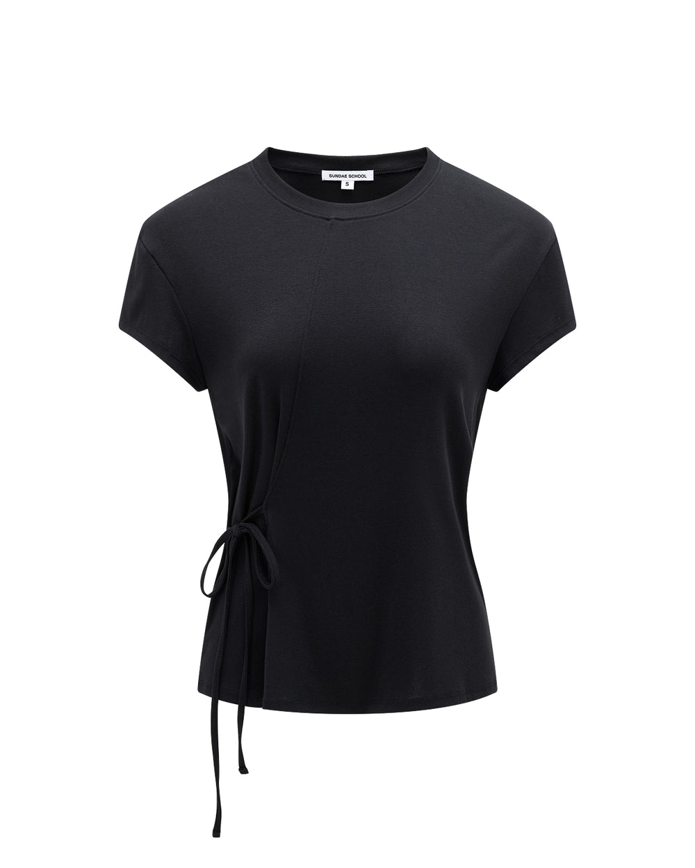 The BLACK ORIGAMI GORUM TEE by Sundae School is a women’s black short-sleeve t-shirt with a round neckline, an asymmetrical seam, and a side tie detail on the left waist, shown against a plain white background.