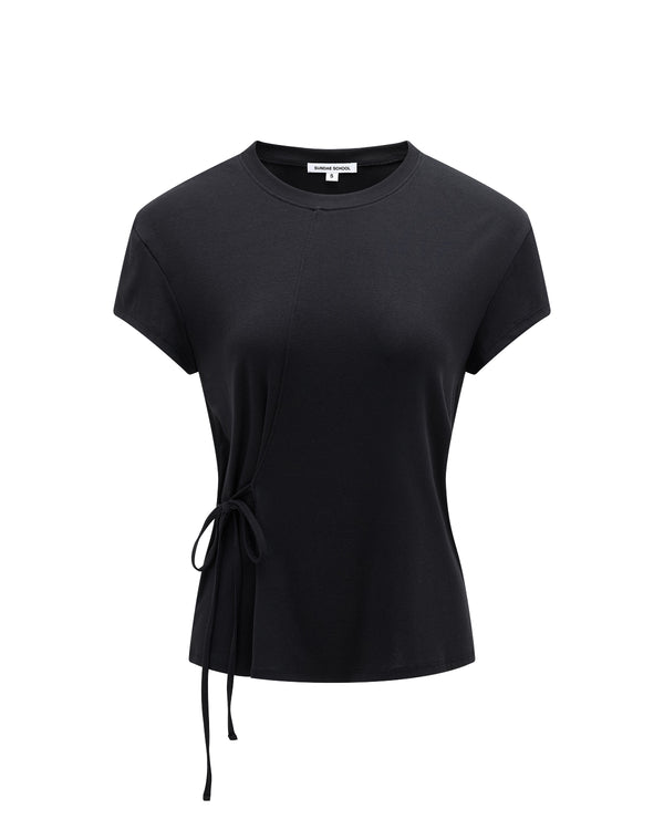 The BLACK ORIGAMI GORUM TEE by Sundae School is a women’s black short-sleeve t-shirt with a round neckline, an asymmetrical seam, and a side tie detail on the left waist, shown against a plain white background.
