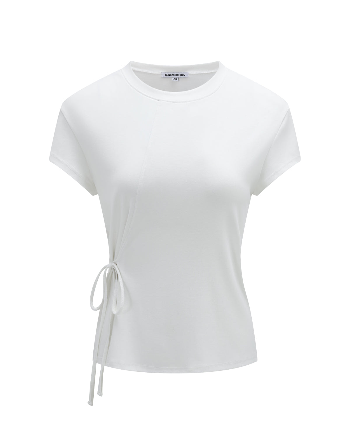 The IVORY ORIGAMI GORUM TEE by Sundae School is a white, short-sleeve fitted t-shirt featuring a round neckline and a thin side tie detail on the left, displayed against a plain white background.