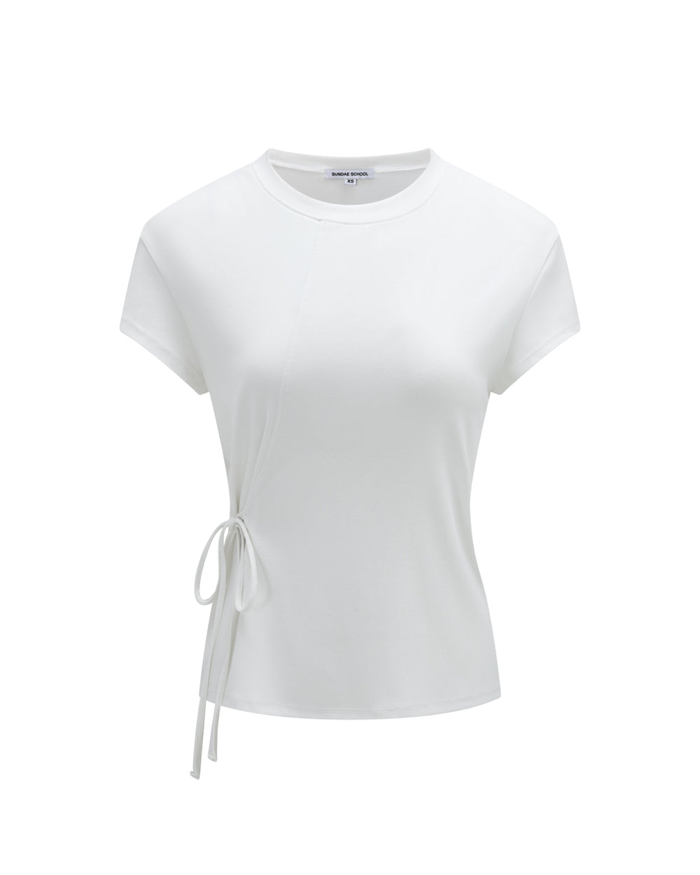 The IVORY ORIGAMI GORUM TEE by Sundae School is a white, short-sleeve fitted t-shirt featuring a round neckline and a thin side tie detail on the left, displayed against a plain white background.