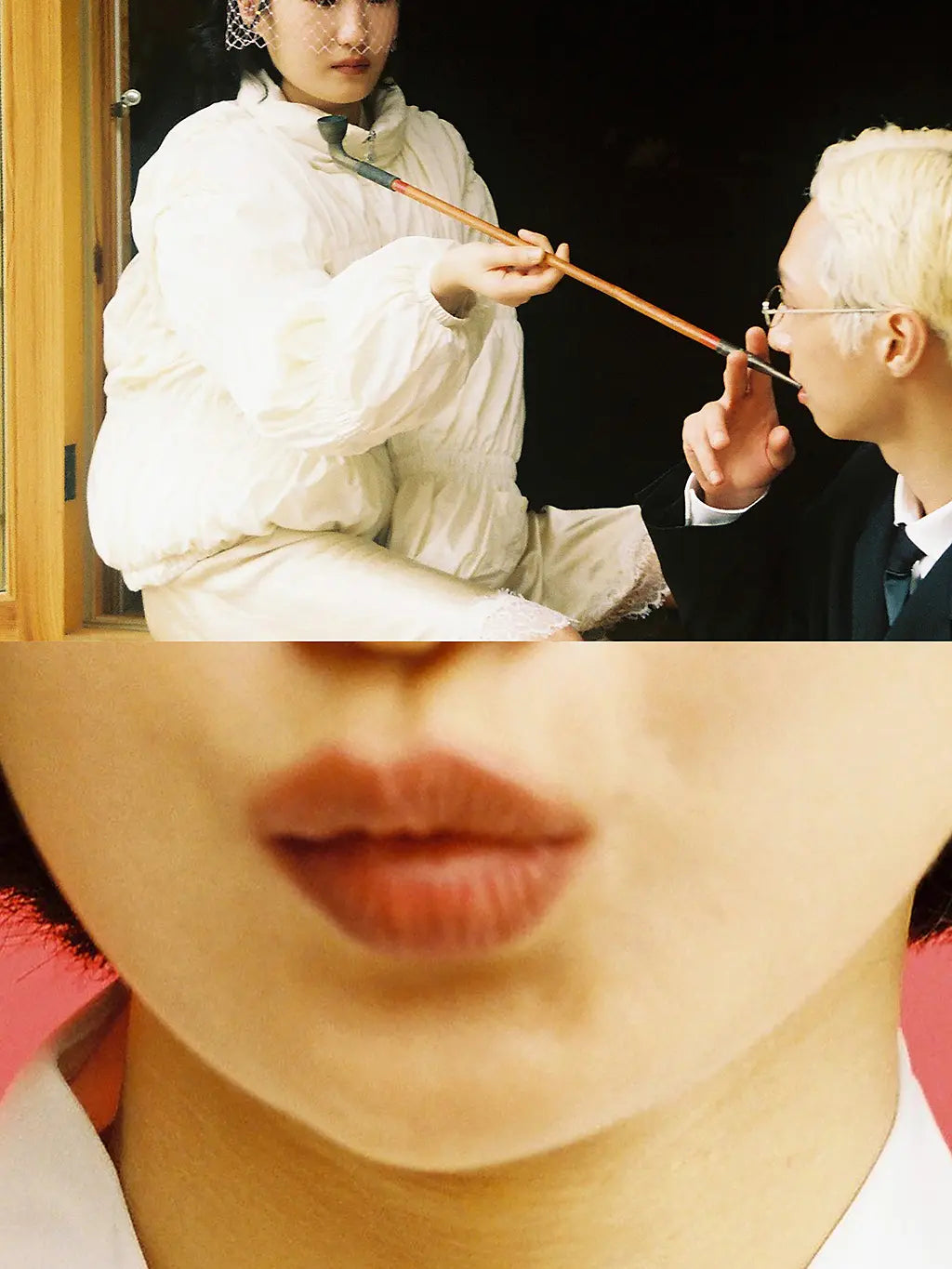 A split collage: the top half shows a woman in a Sundae School Pleated Duvet Puffer holding a long stick toward a man's face, and the bottom half is a close-up of a person's lips and lower face.