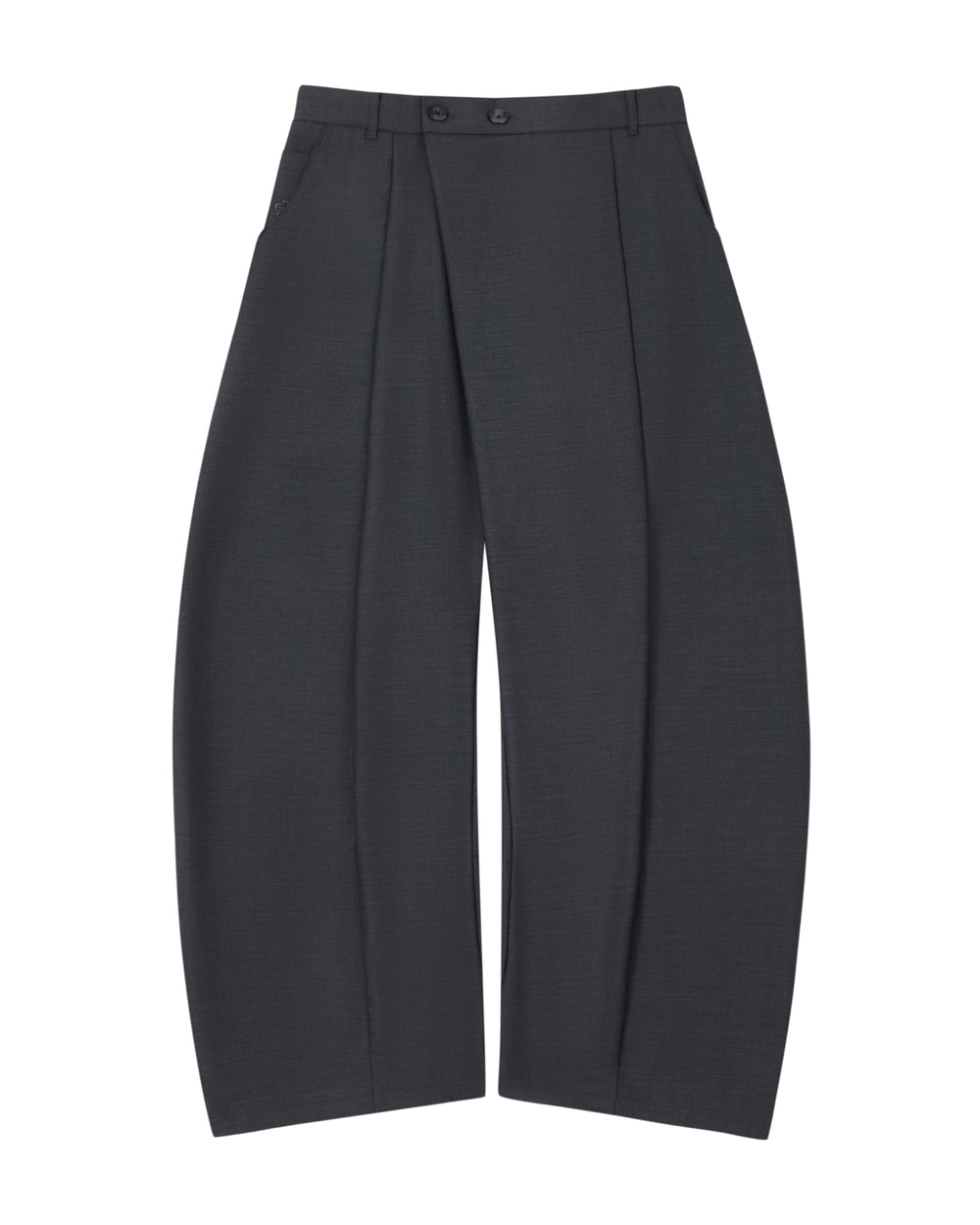 The CHARCOAL PLEATED HANBOK SLACKS by Sundae School are wide-leg, dark gray wool pants featuring deep pleats, a high waist with belt loops and two buttons, and side pockets. Reminiscent of the balloon silhouette found in hanbok pants, they are shown laid flat against a white background.