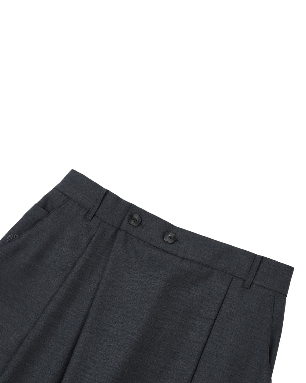 A close-up of the waistband and upper section of Sundae School’s CHARCOAL PLEATED HANBOK SLACKS, showcasing two black buttons and belt loops against a white background.
