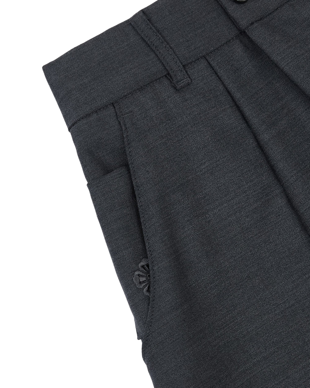 Close-up of the upper part of Sundae School CHARCOAL PLEATED HANBOK SLACKS, featuring a waistband with belt loops, pleats, and a partially visible side pocket.