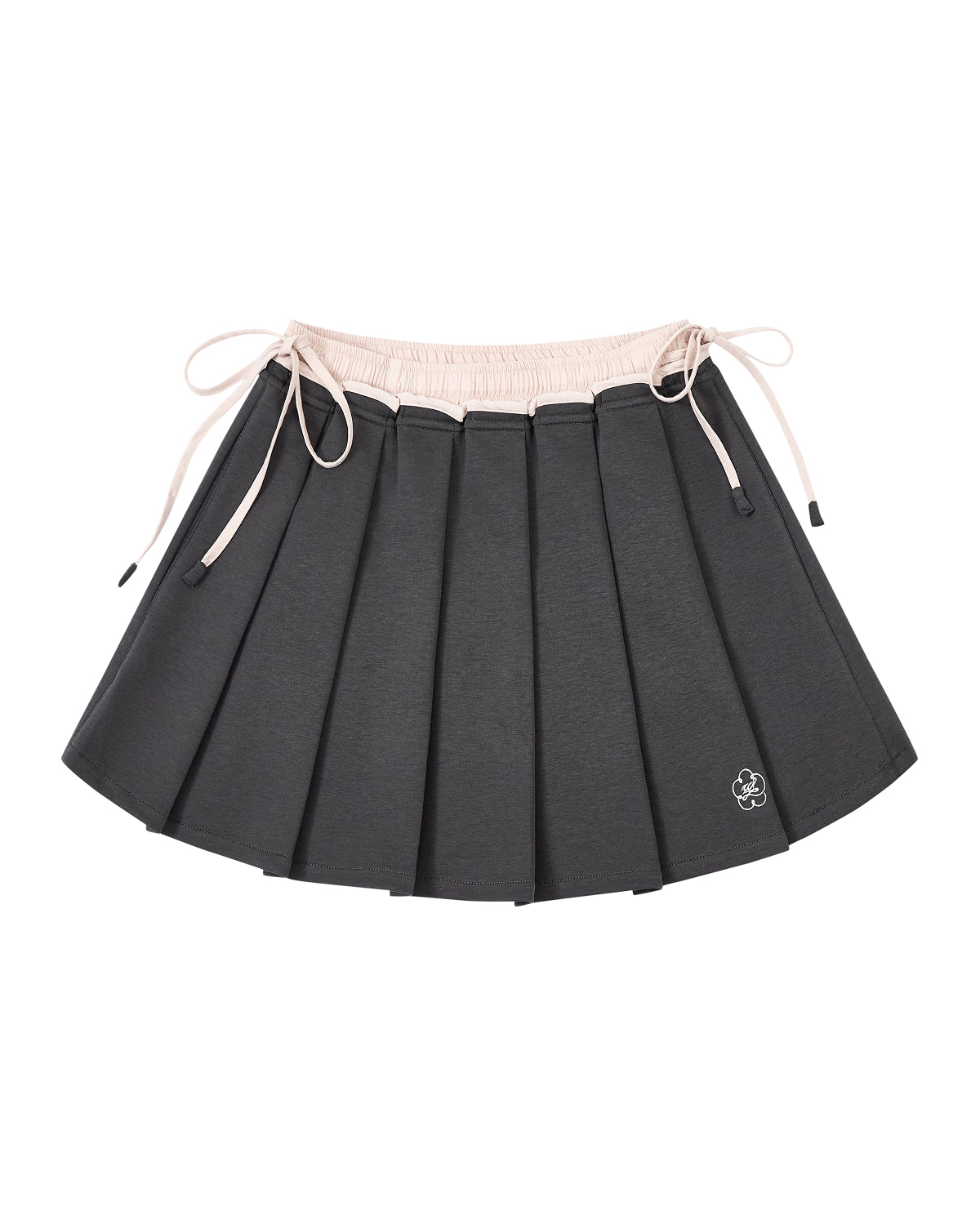 CHARCOAL PLEATED JERSEY MINI SKIRT by Sundae School: A charcoal gray knife-pleated mini skirt with a light pink waistband and matching drawstrings, finished with a small white embroidered flower logo near the hem.