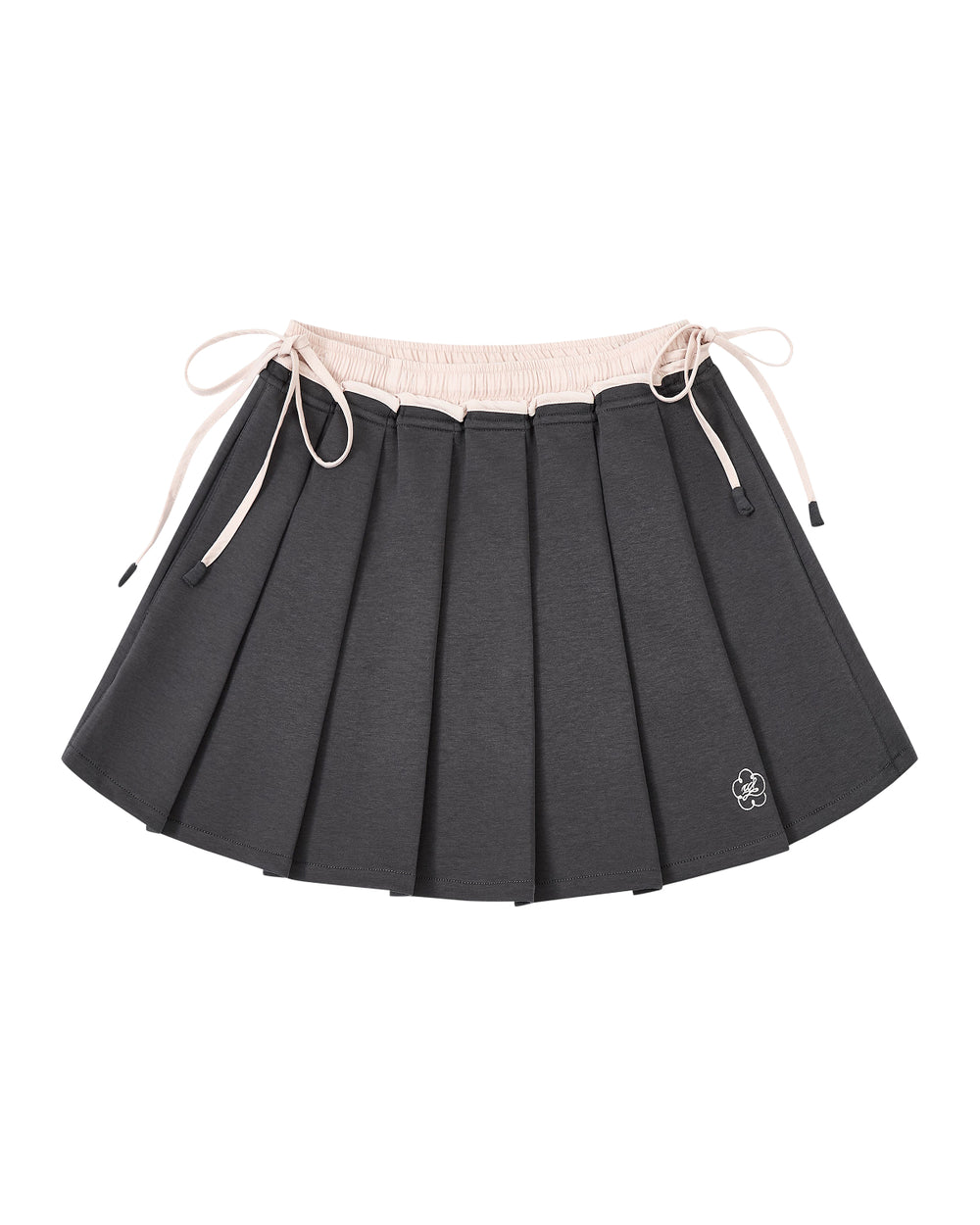 CHARCOAL PLEATED JERSEY MINI SKIRT by Sundae School: A charcoal gray knife-pleated mini skirt with a light pink waistband and matching drawstrings, finished with a small white embroidered flower logo near the hem.