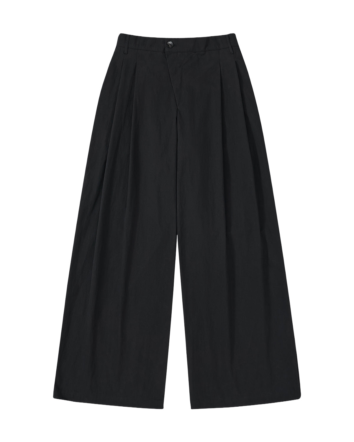 Sundae School's BLACK PLEATED UNIFORM SLACKS are unisex, high-waisted, with a wide-leg fit, front pleats, and button-zipper closure, inspired by Korean school uniforms and shown on a plain white background.